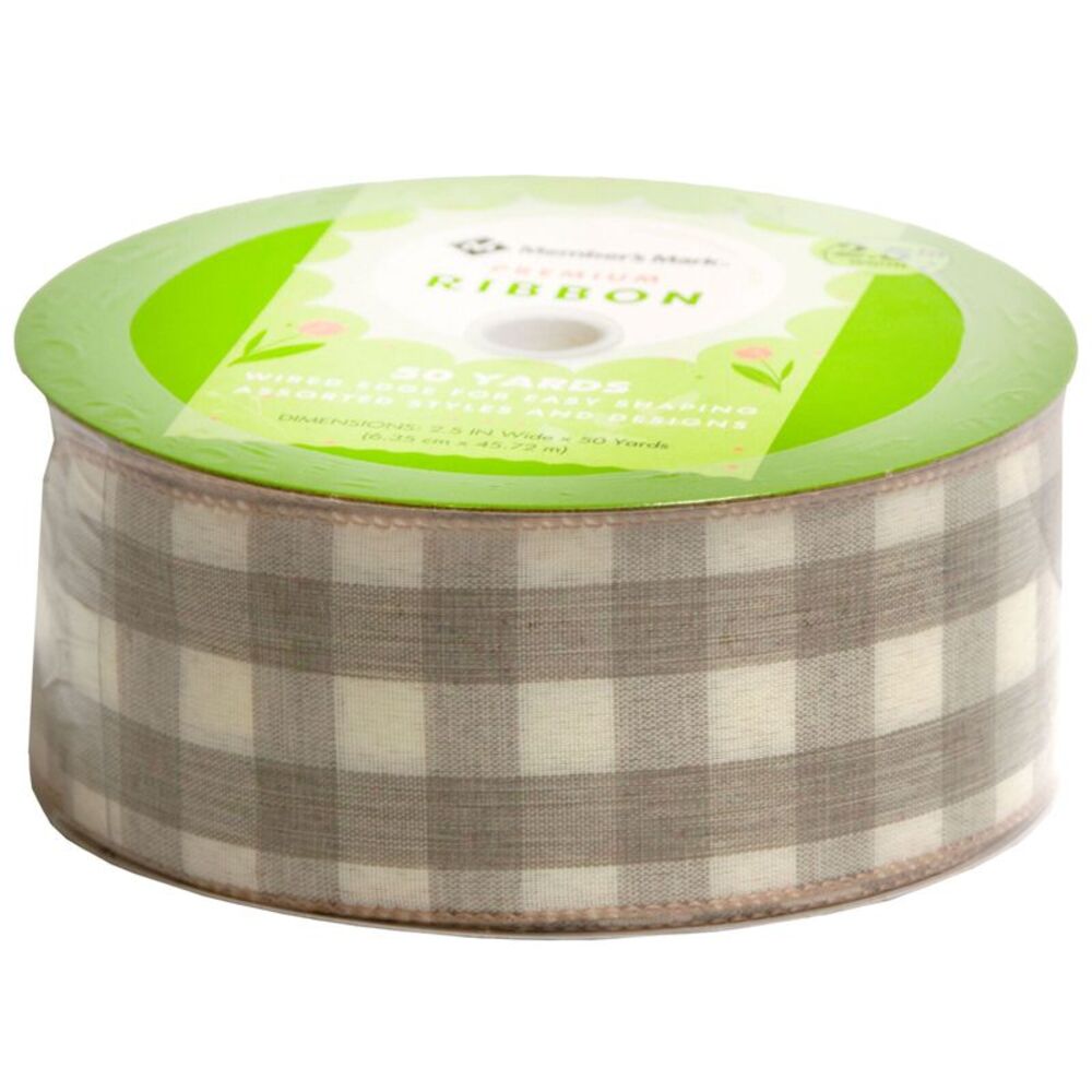 Member's Mark Premium Wired Ribbon 50 Yards 2.5in Width, Beige Check Plaid